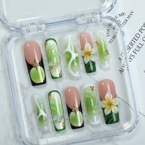 New Hand Made Floral Nail Art Set with Green and Nude Tones